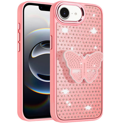 For Apple iPhone 17E /16E Butterfly Moveable Grip 3D Pop Stand Full Diamond Bling Sparkling TPU Fashion Hybrid Case Cover