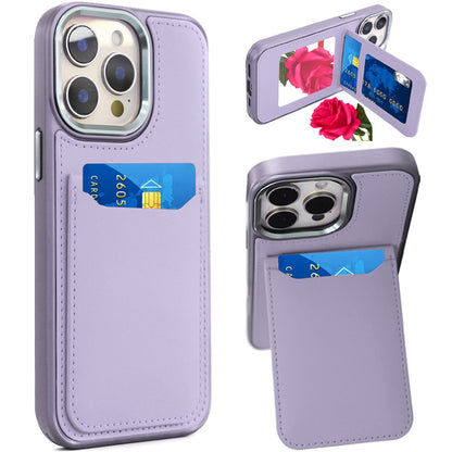 For iPhone 16 Pro Max PU Leather Wallet Cover with Credit Card Holder, Kickstand & Mirror Inside Slim Fit TPU & PC Hybrid Design Case Cover