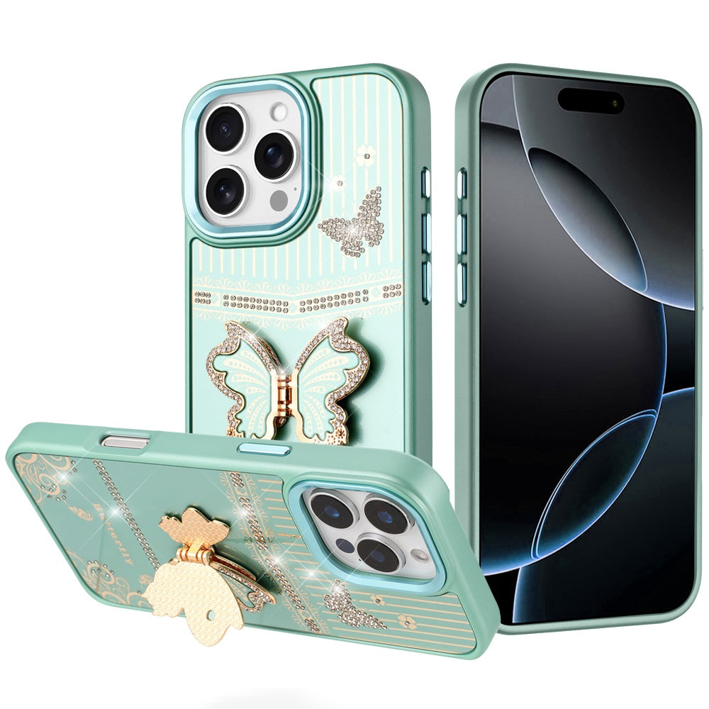 For iPhone 16 Pro Max (6.9") Glitter 3D Butterfly Design Bling Metallic Edge Hybrid Stand Drop Protection TPU Shockproof Protector