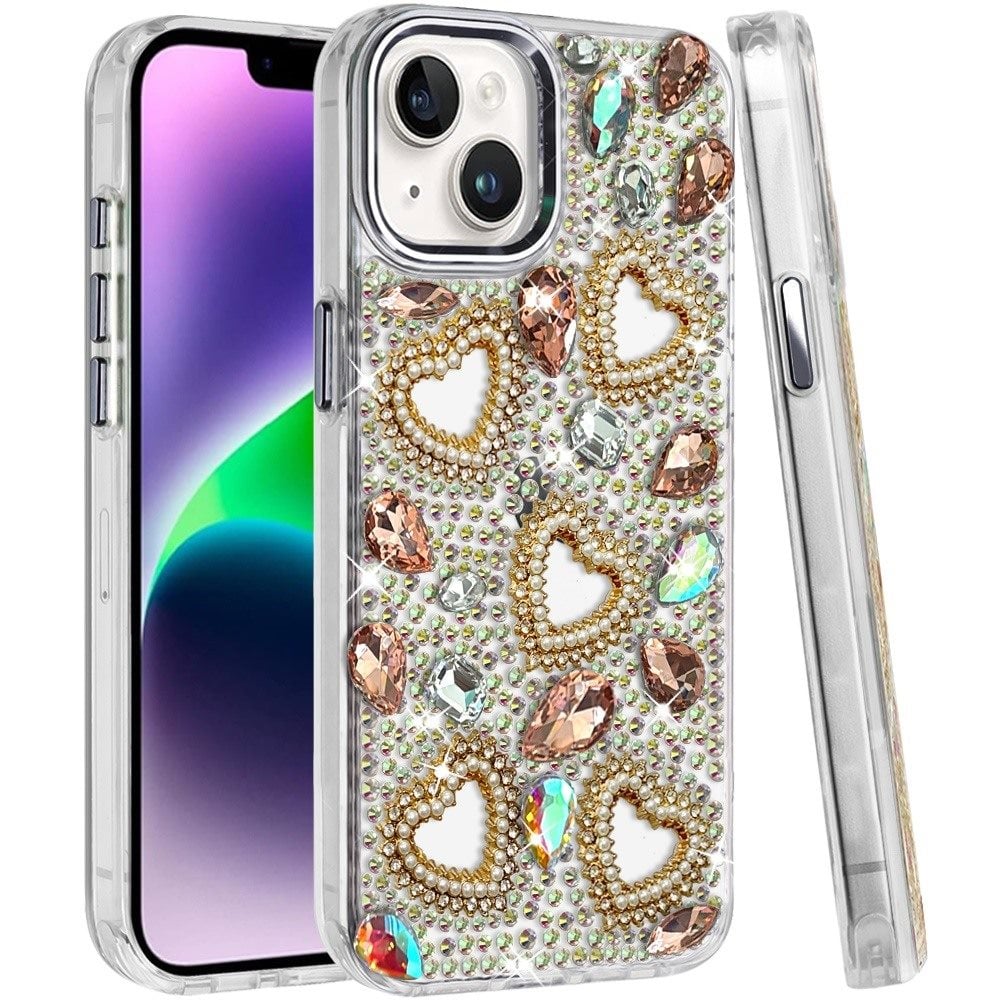 Phone Case for Apple iPhone 14 Luxury Crystal Heart Rhinestone Diamond Bling Shockproof Hybrid Glitter Protective Stylish Durable Grip Cover