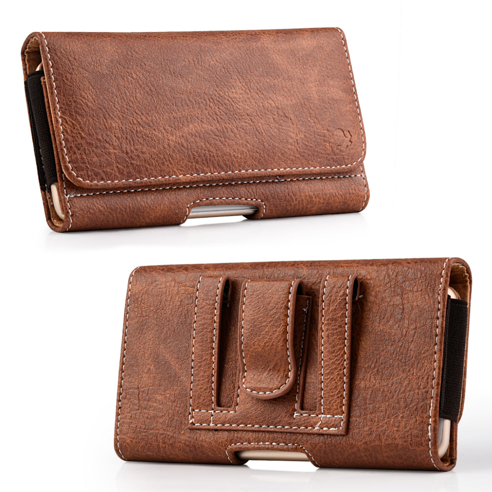 For Apple iPhone 16 (6.1") Universal Horizontal Cell Phone Leather Pouch Holster Carrying Case with Credit Card Slots & Belt Clip Loop Cover [Brown]