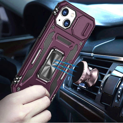 Phone Case for Apple iPhone 15 Tough Metal Ring Shockproof Sliding Camera Window Hybrid Armor Rugged Anti Slip Heavy Duty Grip Cover Purple