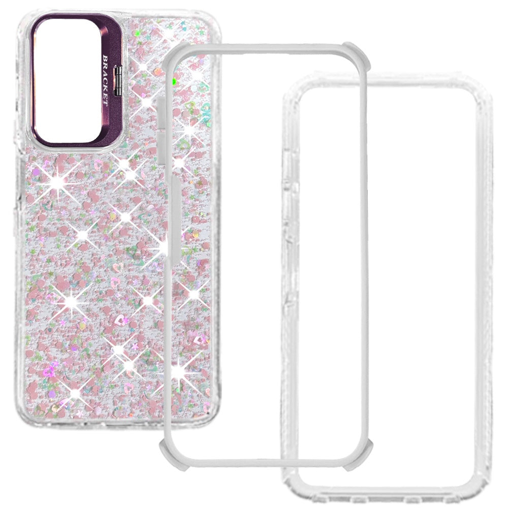 Phone Case for Galaxy A17 5G Luxury Bling Scattered Glitter Hybrid Dual Layers with Integrated Camera Stand and Sparkle Finish Design Cover