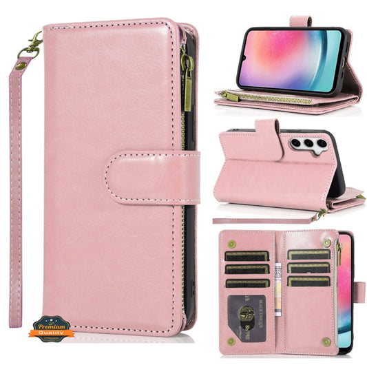 For Samsung Galaxy S26 Leather Wallet Case with Zipper, 9 Card Slots, Cash Pocket, Stand & Strap, Clutch Pouch Design Case Cover Rose Gold