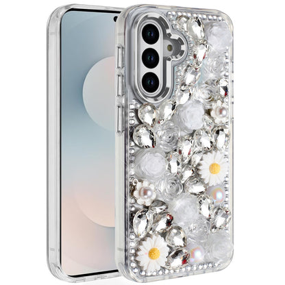 For Samsung Galaxy S25 FE, S25 Fan Edition Fashion Daisy Floral Series, Full 3D Bling Crystal Diamonds Sparkling Rhinestone Glitter Hybrid Design Case Cover Pink