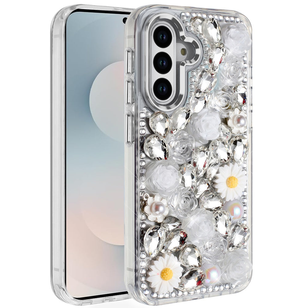 For Samsung Galaxy S25 FE, S25 Fan Edition Fashion Daisy Floral Series, Full 3D Bling Crystal Diamonds Sparkling Rhinestone Glitter Hybrid Design Case Cover White