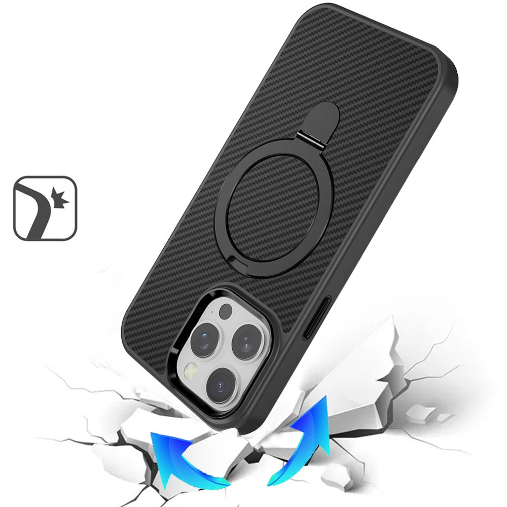 For Apple iPhone 16e (E edition) Hybrid Carbon Fiber Design with MagSafe Compatible [Magnetic Circle], Ring Stand Shockproof Slim TPU Case Cover