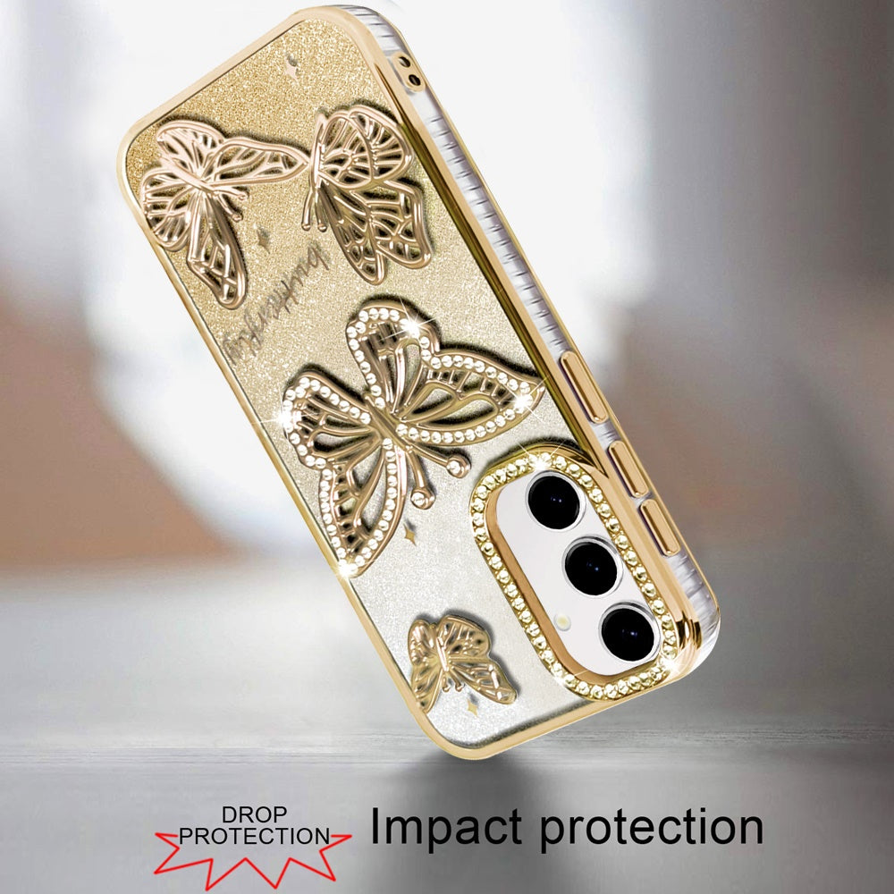 For Samsung Galaxy S23 Ultra Luxury Butterfly Sparkle Glitter Diamond Crystal Rhinestone Shimmer Bling Plating Thick TPU Hard PC Case Cover