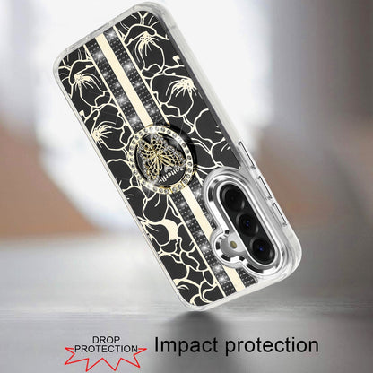 For Samsung Galaxy A37 Diamonds 3D Butterfly Floral Design Bling Sparkly Glitter Hybrid Metal Fashion with Ring Stand Case Cover