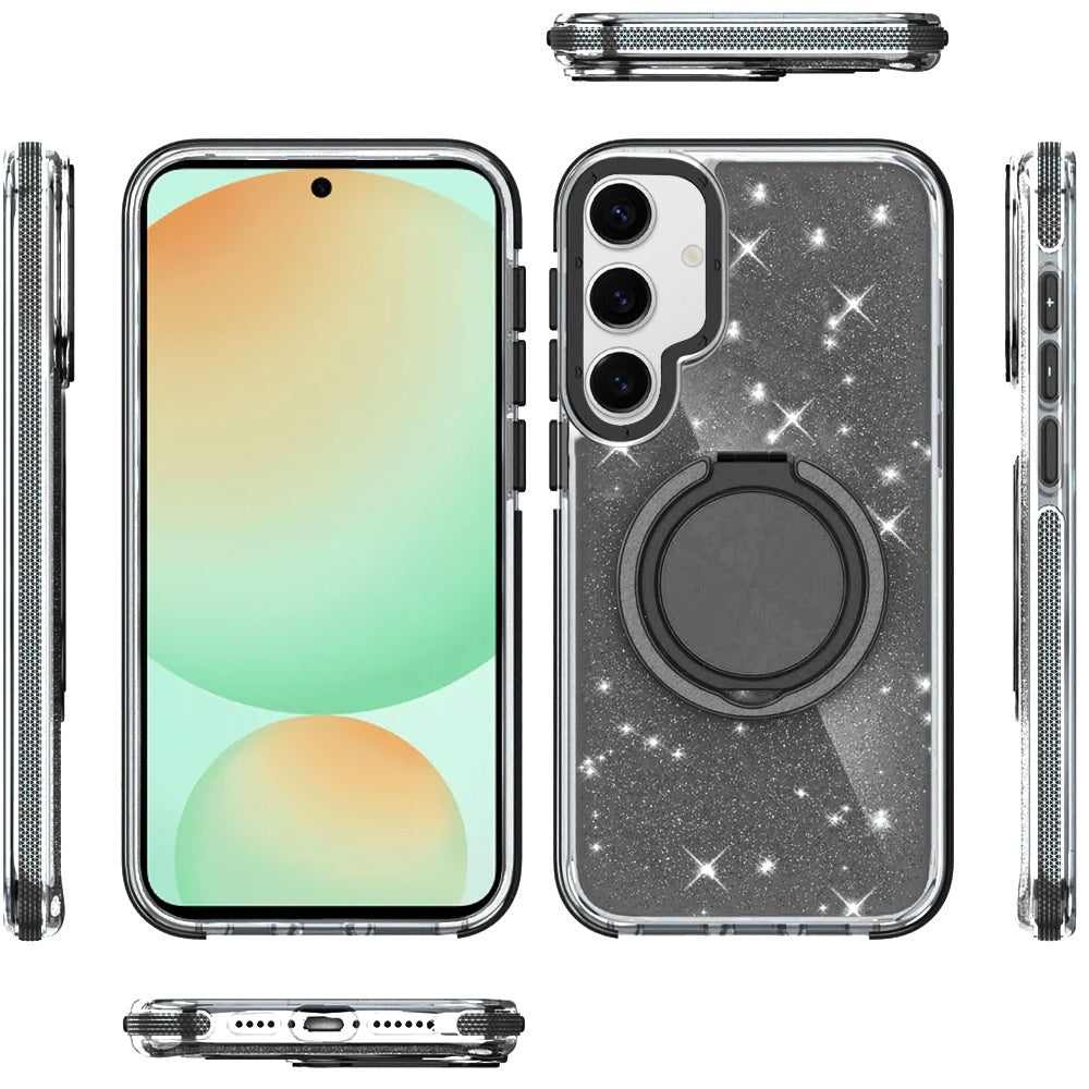For Samsung Galaxy S24 FE Slim Bling Glitter Sparkly Shimmer Hybrid with Magnetic Ring and 360° Rotational Stand [Compatible with Magsafe] Case Cover Black