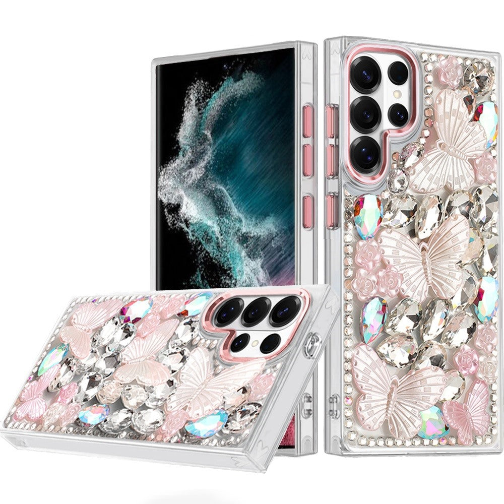 Phone Case for Galaxy S22 Ultra Luxury 3D Floral Butterfly Bling Rhinestone Glitter Shockproof Stylish Protective Hybrid Designer Metallic Cover Pink