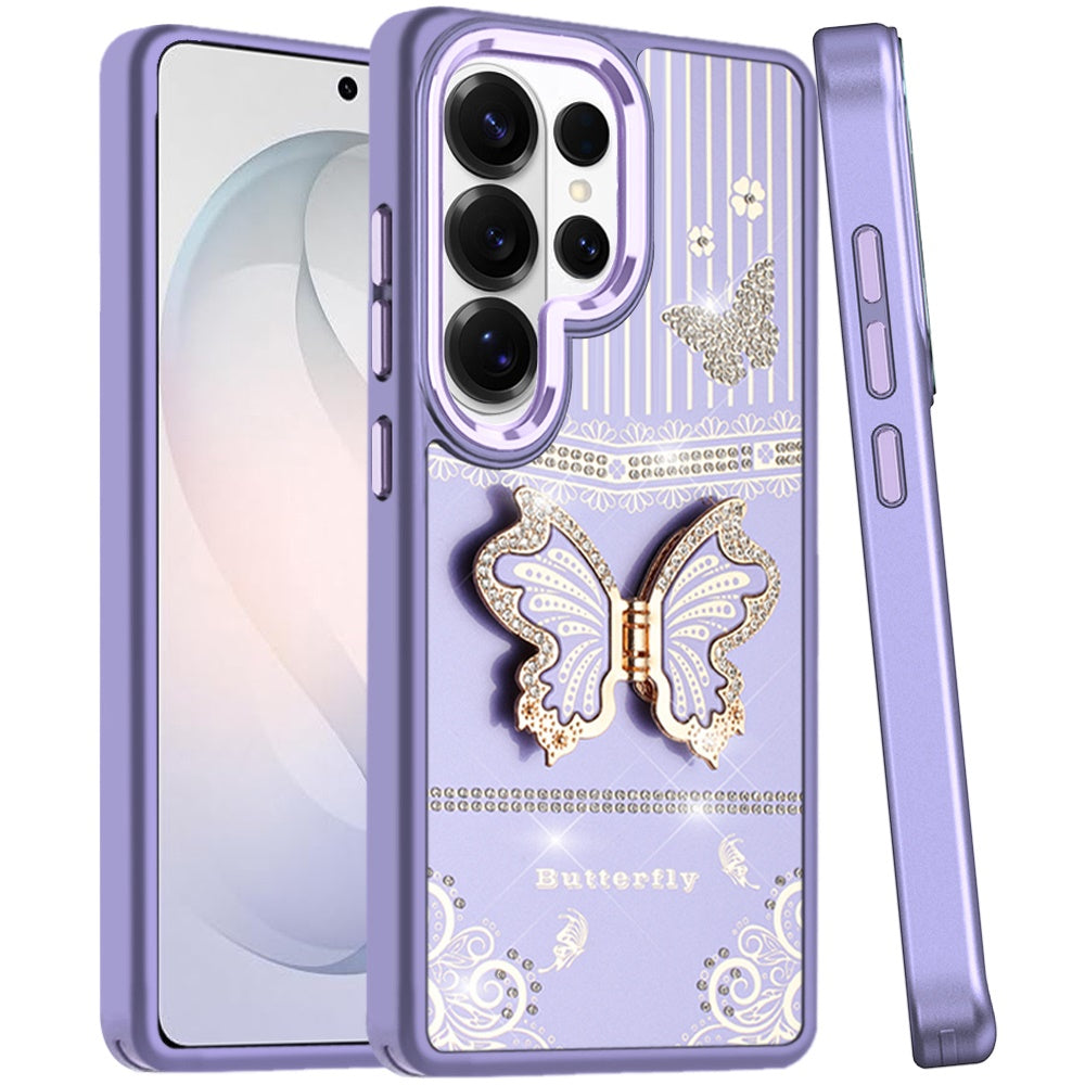 For Samsung Galaxy S26 Ultra Glitter 3D Butterfly Design Bling Metallic Edge Hybrid Stand Drop Protection TPU Shockproof Case Cover