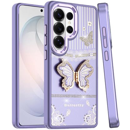For Samsung Galaxy S26 Ultra Glitter 3D Butterfly Design Bling Metallic Edge Hybrid Stand Drop Protection TPU Shockproof Case Cover