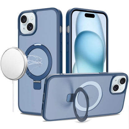 Phone Case for Apple iPhone 15 Magnetic Ring Stand Full Rotation Matte Shockproof Grip Anti Slip Durable Camera Protection Hybrid Cover Blue