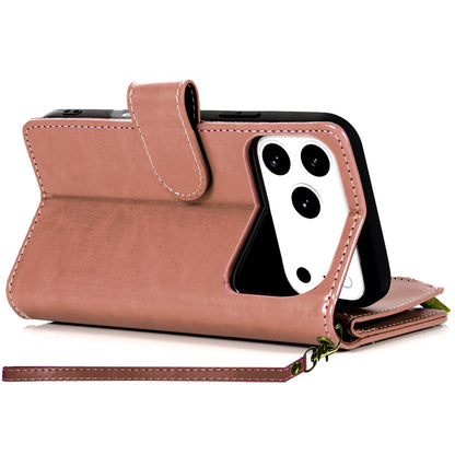 For Apple iPhone 17 Pro (6.3") Leather Wallet Case with Zipper, 9 Card Slots, Cash Pocket, Stand & Strap, Clutch Pouch Design Case Cover