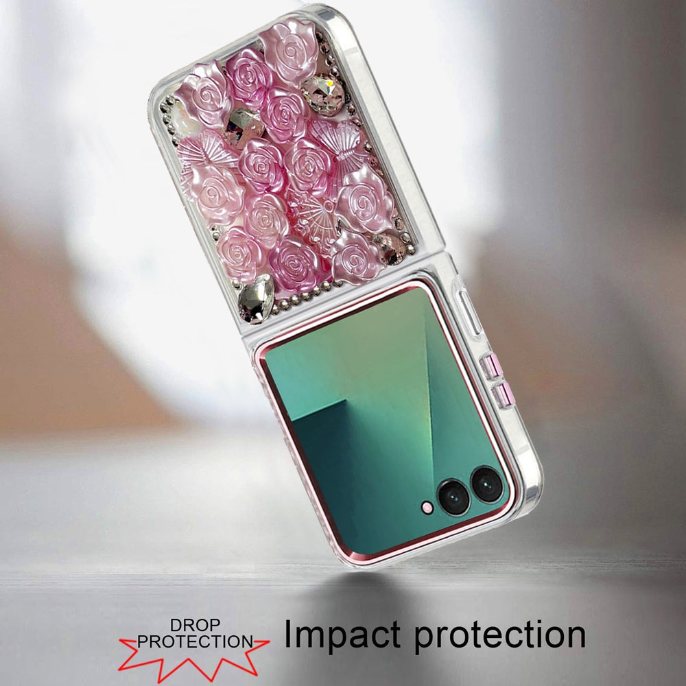 For Samsung Galaxy Z Flip 7 Muti-Color Floral Fashion Bling Crystal 3D Full Diamonds Stones Sparkle Rhinestone Glitter Hybrid Case Cover