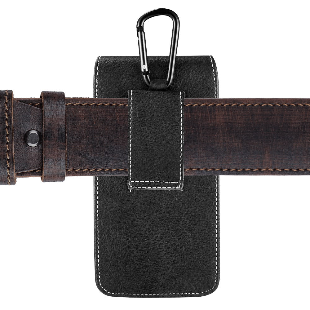 For Apple iPhone 16 Pro (6.3") Universal Vertical Leather Case Holster with Credit Card Holder, Belt Loop & Carabiner Carrying Phone Pouch [Black]