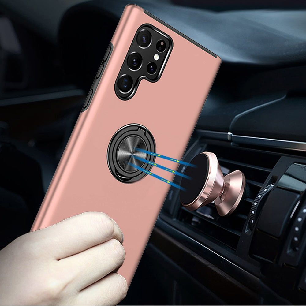 For Samsung Galaxy S23 Hybrid 360 Degree Rotatable Metal Invisible Ring Stand Holder Slim Fit Magnetic Car Mount Shockproof Case Cover Red