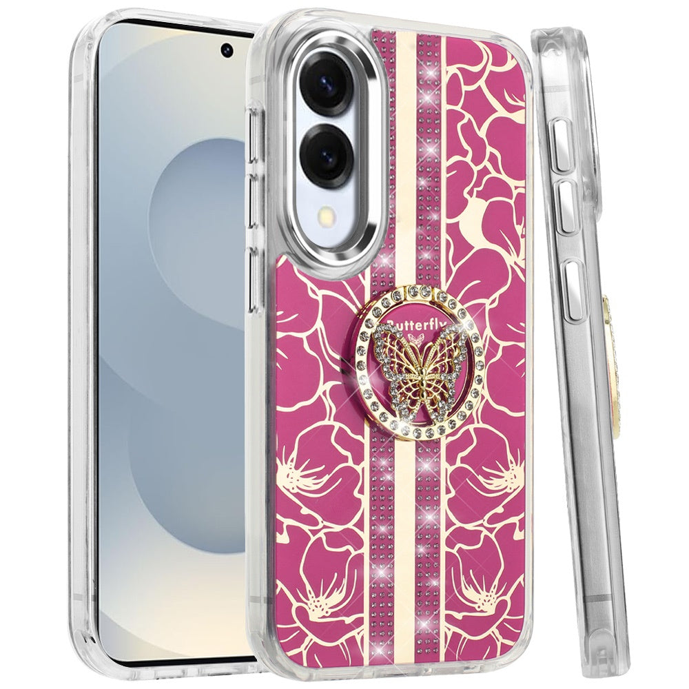 For Samsung Galaxy S25 Edge Diamonds 3D Fashion Bling Sparkly Glitter Ornaments Engraving Hybrid with Ring Stand Case Cover