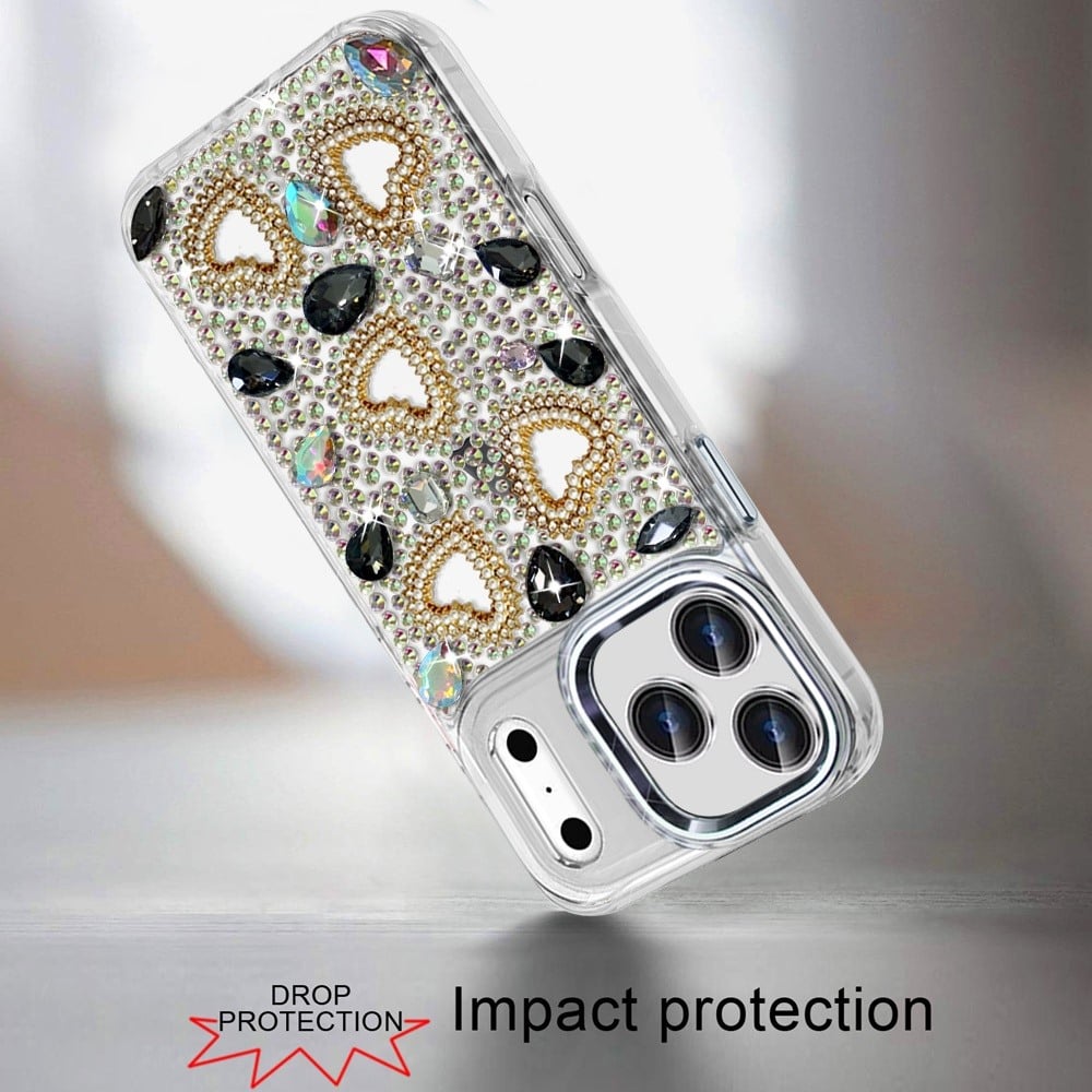 Phone Case for Apple iPhone 17 Pro Max Luxury Crystal Heart Rhinestone Diamond Bling Shockproof Hybrid Glitter Protective Stylish Durable Grip Cover