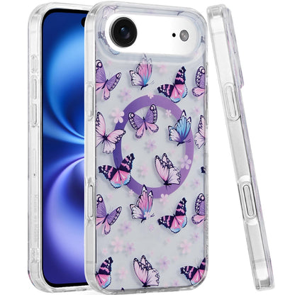 For Apple iPhone 17 Stylish Pattern Fashion IMD Printed Design TPU Double Layer Slim Shockproof with Magnetic Back Case Cover Purple Butterflies