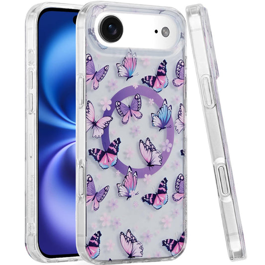 For Apple iPhone 17 AIR Stylish Pattern Fashion IMD Printed Design TPU Double Layer Slim Shockproof with Magnetic Back Case Cover Purple Butterflies