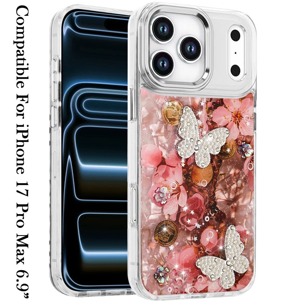 Phone Case for Apple iPhone 17 Pro Max Glitter Butterfly Design Metal Buttons Shockproof Hybrid Anti Scratch Durable Protective Slim Grip Stylish Cover