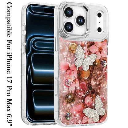 Phone Case for Apple iPhone 17 Pro Max Glitter Butterfly Design Metal Buttons Shockproof Hybrid Anti Scratch Durable Protective Slim Grip Stylish Cover