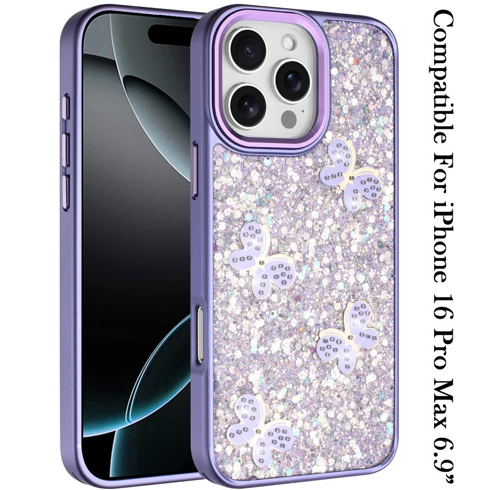 Phone Case for Apple iPhone 16 Pro Max Cute Butterfly Diamond Glitter Metallic Hybrid Shockproof Shimmer Grip Stylish Protective Luxury Designer Cover Dark Purple