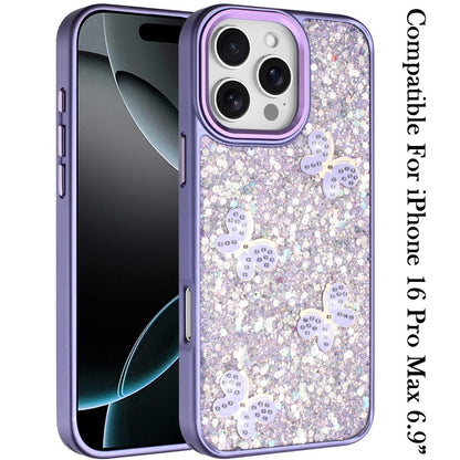 Phone Case for Apple iPhone 16 Pro Max Cute Butterfly Diamond Glitter Metallic Hybrid Shockproof Shimmer Grip Stylish Protective Luxury Designer Cover Dark Purple