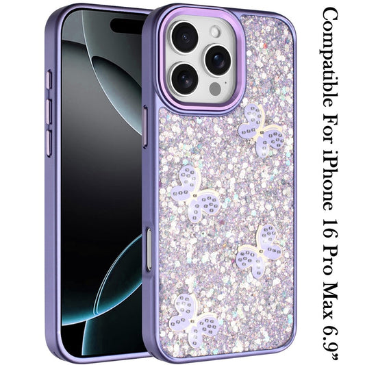 Phone Case for Apple iPhone 16 Pro Max Cute Butterfly Diamond Glitter Metallic Hybrid Shockproof Shimmer Grip Stylish Protective Luxury Designer Cover Dark Purple