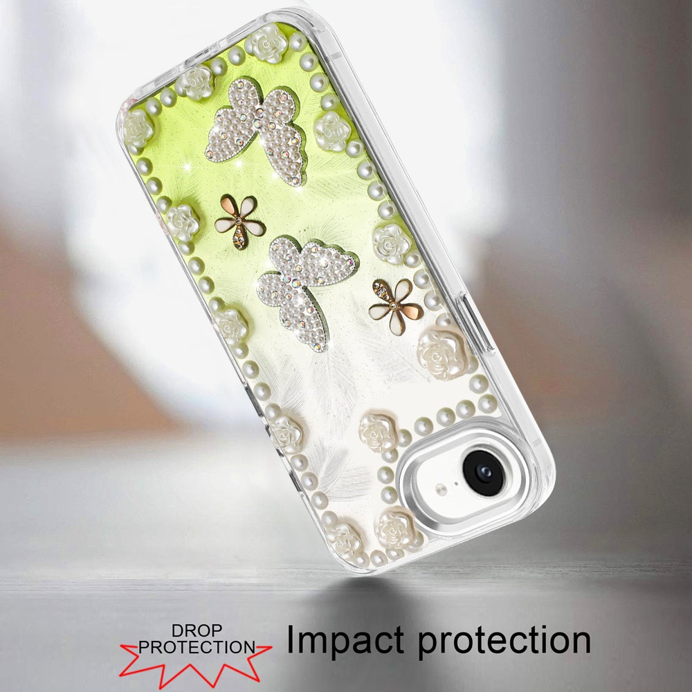 For Apple iPhone 17E /16E Bling Fashion Design with 3D Pearls Epoxy Glitter Ornaments Chrome Edge Hard Slim PC Case Cover