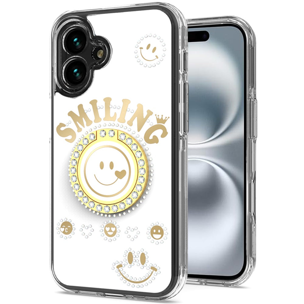 For Apple iPhone 16 Plus (6.7") Smiling Glitter Ornament Bling Sparkle with Ring Stand Hybrid Slim TPU + Hard Back Shell Case Cover