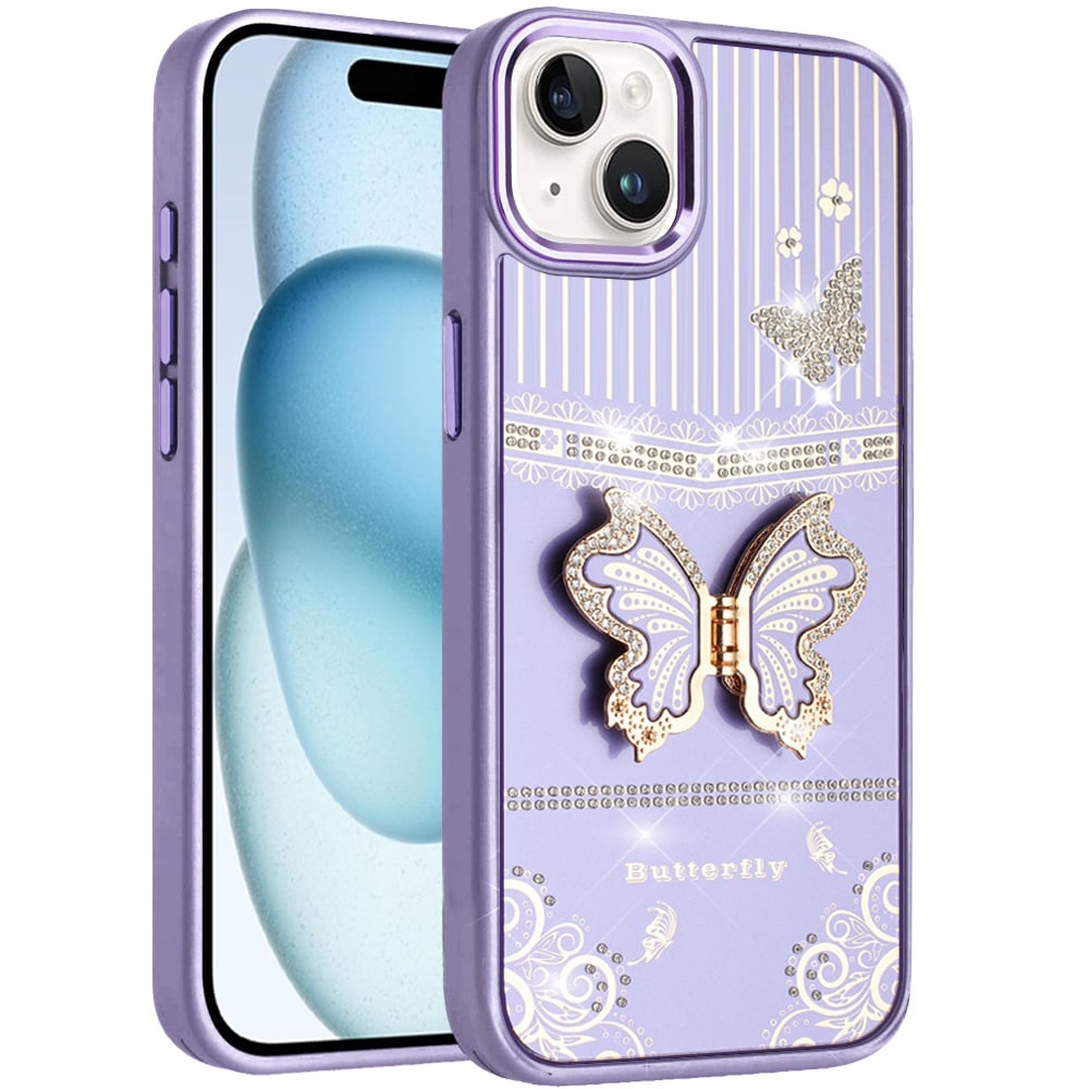 Phone Case for Apple iPhone 15 Glitter Bling Butterfly Stand Metallic Edge Hybrid Shockproof Grip Durable Camera Protection Stylish Design Cover