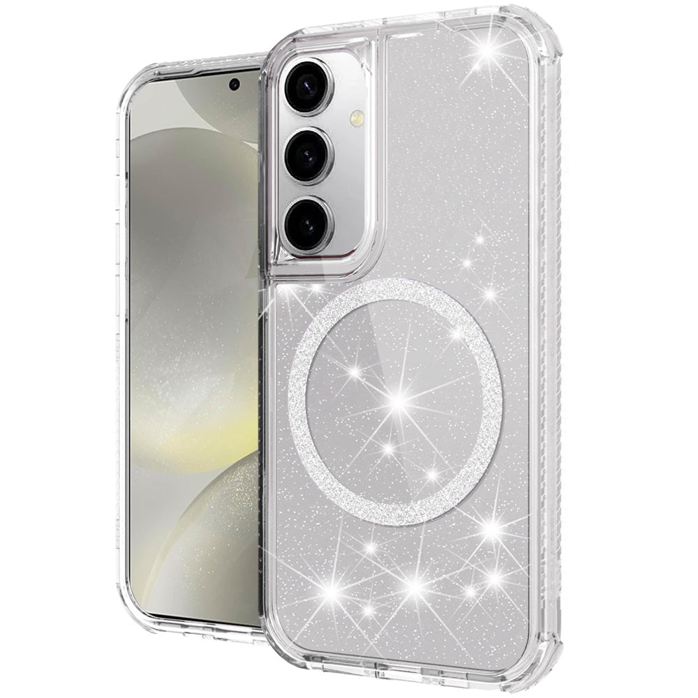 For Samsung Galaxy S25 /S24 Magnetic Circle Compatible with Magsafe, Bling Glitter Sparkle 3-in-1 Hybrid Shockproof TPU Bumper Case Cover