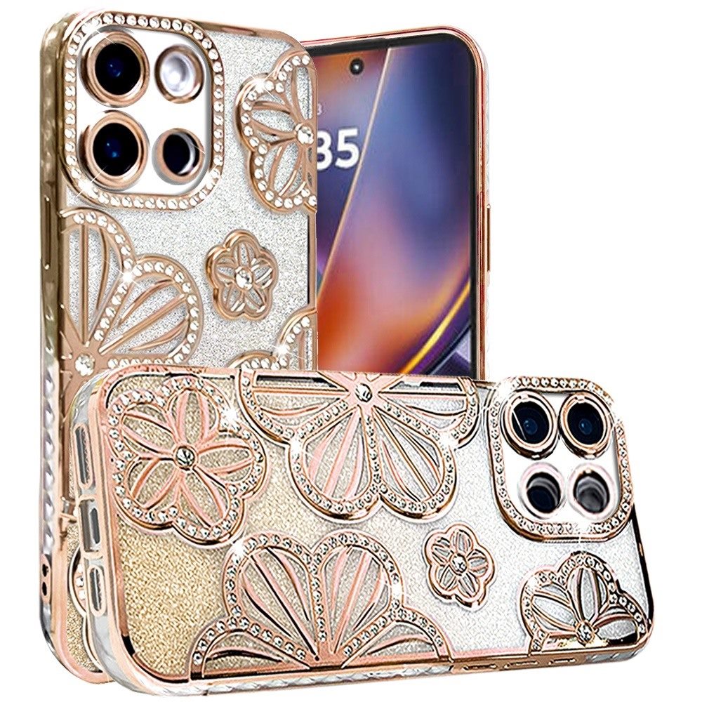 For Motorola Moto G Power 5G 2025 Luxury Flower Design Sparkle Glitter Diamond Rhinestone Shimmer Bling Plating Thick TPU Hard PC Case Cover