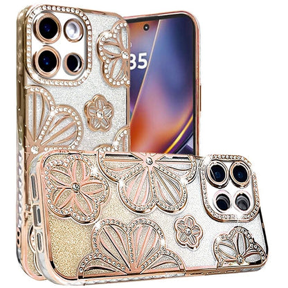 For Motorola Moto G Power 5G 2025 Luxury Flower Design Sparkle Glitter Diamond Rhinestone Shimmer Bling Plating Thick TPU Hard PC Case Cover