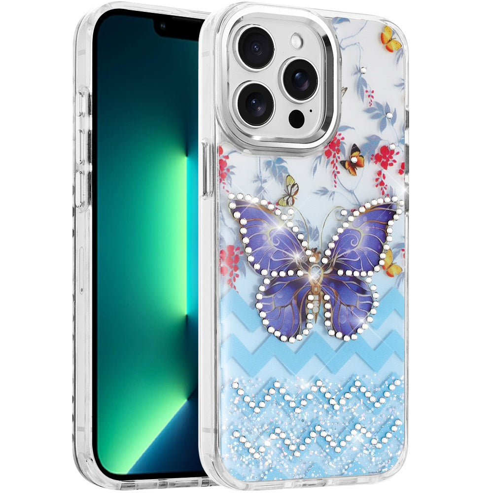 Phone Case for Apple iPhone 13 Pro Max Butterfly Resin Epoxy Diamond Bling Metal Edge Shockproof Hybrid Luxury Protective Durable Stylish Fashion Grip Cover