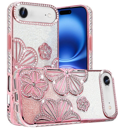 For Apple iPhone 17 Air (6.6") Luxury Flower Design Sparkle Glitter Diamond Rhinestone Shimmer Bling Plating Thick TPU Hard PC Case Cover