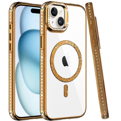 Phone Case for Apple iPhone 15 Luxury Diamond Bling Edged Magnetic Glitter Shockproof Hybrid with Camera Kickstand Durable Grip Cover