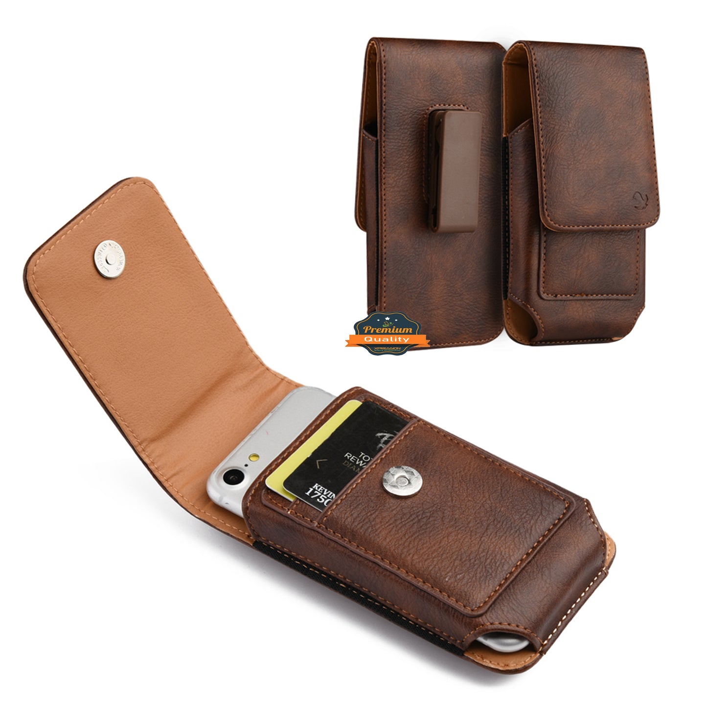 For Apple iPhone 16 (6.1") Universal Vertical Leather Case Holster with Card Slot, Rotation Belt Clip & Magnetic Closure Carrying Phone Pouch [Brown]