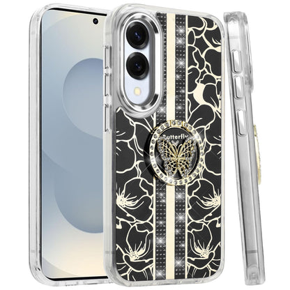 For Samsung Galaxy S25 Edge Diamonds 3D Fashion Bling Sparkly Glitter Ornaments Engraving Hybrid with Ring Stand Case Cover