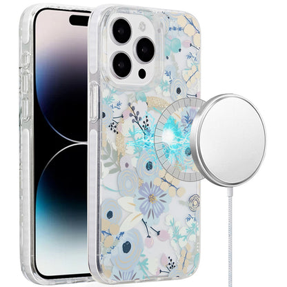 Phone Case for Apple iPhone 14 Pro Max Magnetic Double Layer IMD Hybrid Hard PC Soft TPU Shock Absorbing Stylish Floral Pattern hard shell slim fit Cover Blue