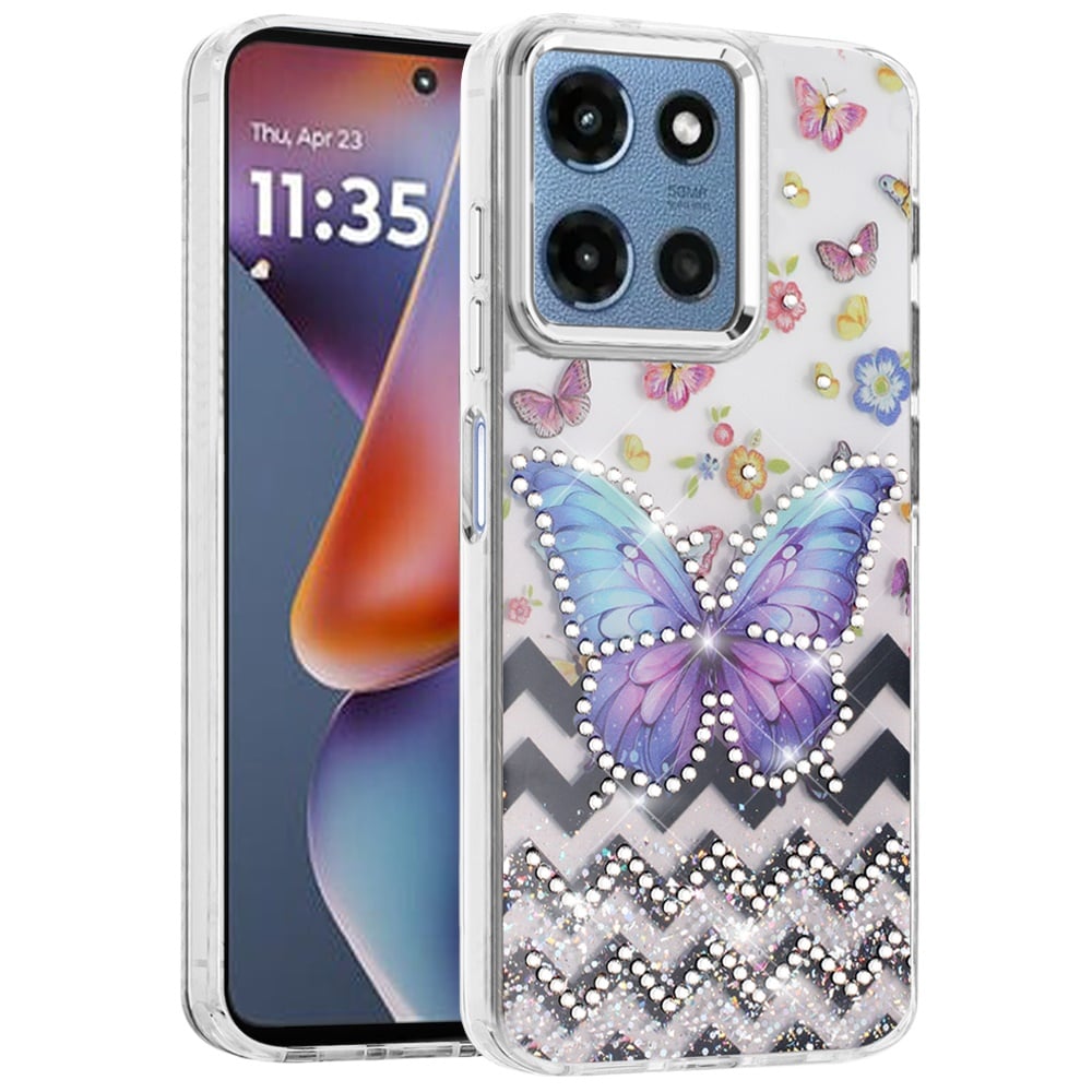 Phone Case for Motorola Moto G Play 5G 2026 Butterfly Resin Epoxy Diamond Bling Metal Edge Shockproof Hybrid Luxury Protective Durable Stylish Fashion Grip Cover