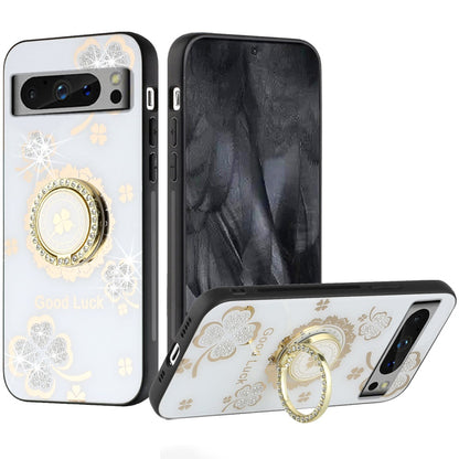 For Samsung Galaxy Z Flip 7 FE Diamonds 3D Fashion Floral Bling Sparkly Glitter Ornaments Engraving Hybrid with Ring Stand Case Cover White Good Luck Floral