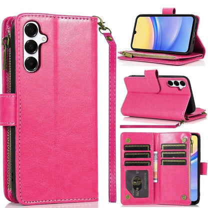 For Samsung Galaxy A15 5G Leather Wallet Case with Zipper, 9 Card Slots, Cash Pocket, Stand & Strap, Clutch Pouch Design Case Cover Hotpink