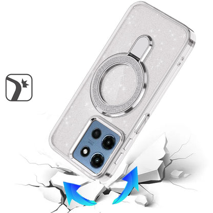 For Motorola Moto G 5G 2025 Transparent Glitter Bling Case with Rotating Magnetic Ring Stand, Shockproof Hybrid Case Cover