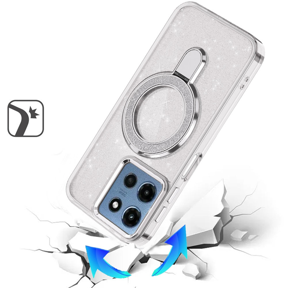 For Motorola Moto G Stylus 5G 2025 Transparent Glitter Bling Case with Rotating Magnetic Ring Stand, Shockproof Hybrid Case Cover