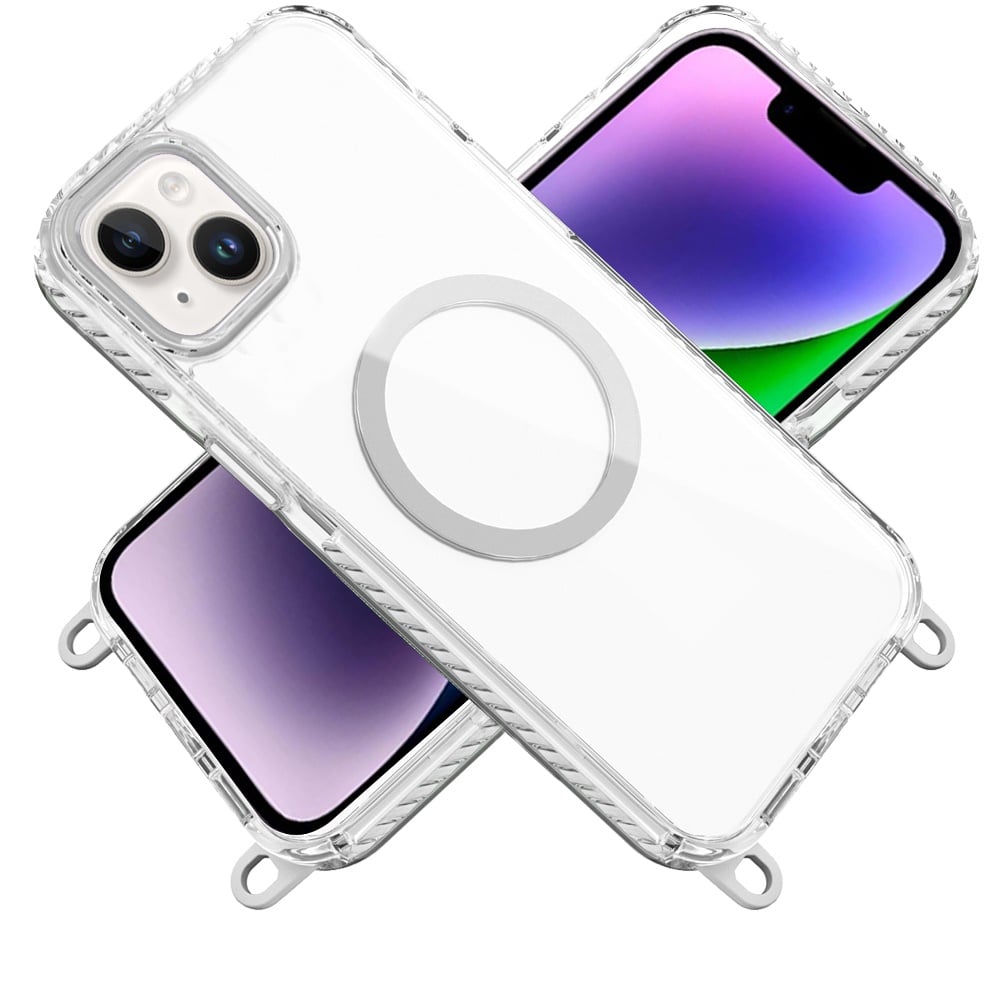 For iPhone 14/13 (6.1") Clear Magnetic Frame PC Back Shockproof Protective Case with Detachable Lanyard Strap, Compatible with MagSafe Case Cover White