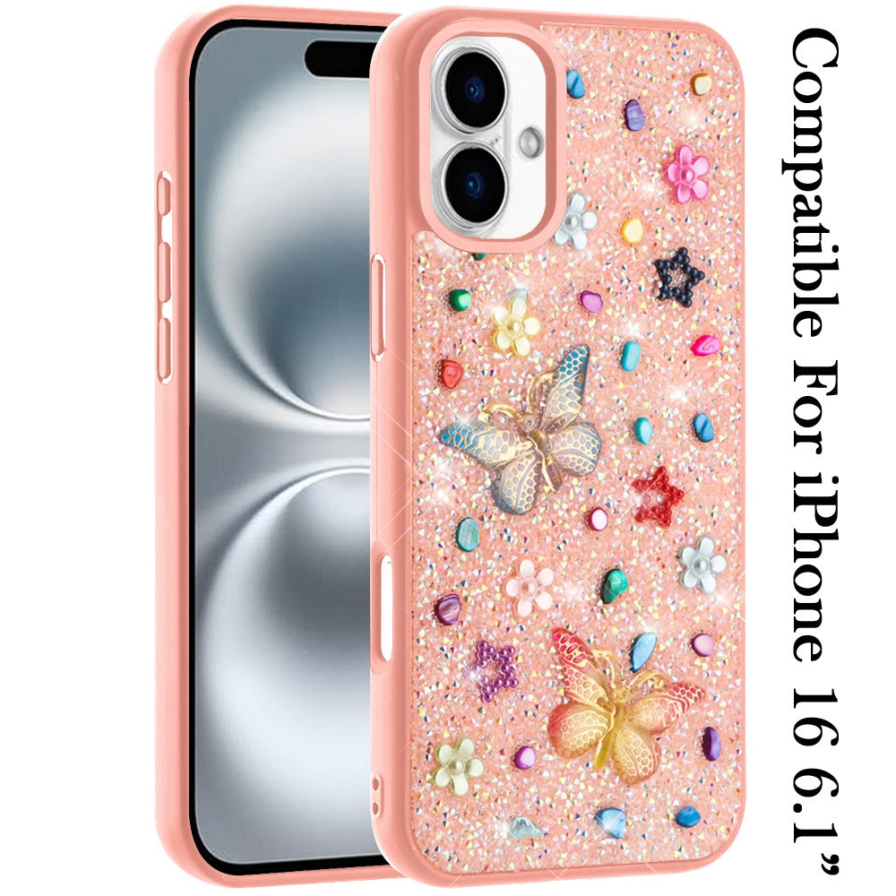 Phone Case for Apple iPhone 16 3D Butterfly Diamond Bling Glitter Shockproof Stylish Protective Luxury Hybrid Sparkly Durable Grip Design Cover Pink